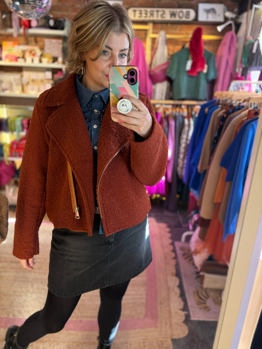 Teddy Fleece Short Biker Jacket | Rust