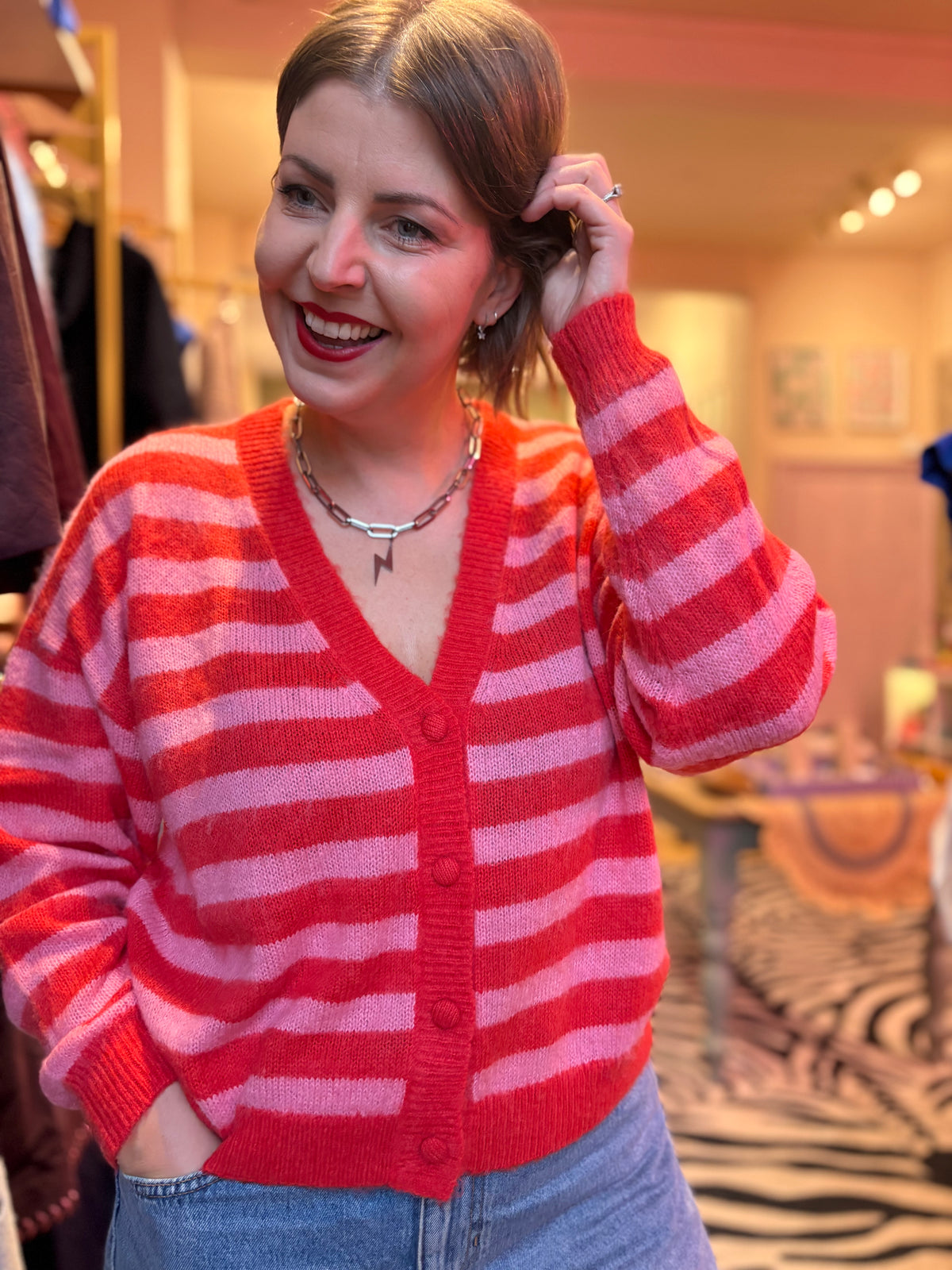 Red & Pink V Neck Cardigan