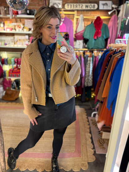 Teddy Fleece Short Biker Jacket | Camel