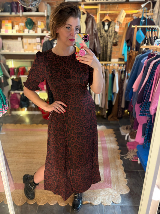 Berry Leopard Print Midi Dress