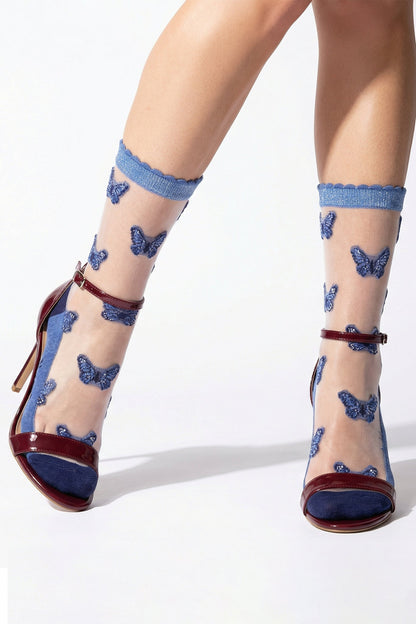 Blue Butterfly Print Sheer Socks