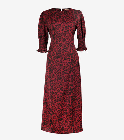 berry colour leopard print midi tea dress