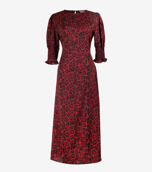berry colour leopard print midi tea dress