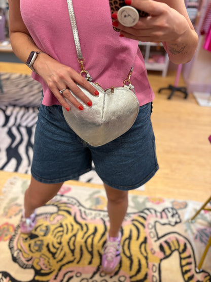 Metallic Silver Heart Leather Bag