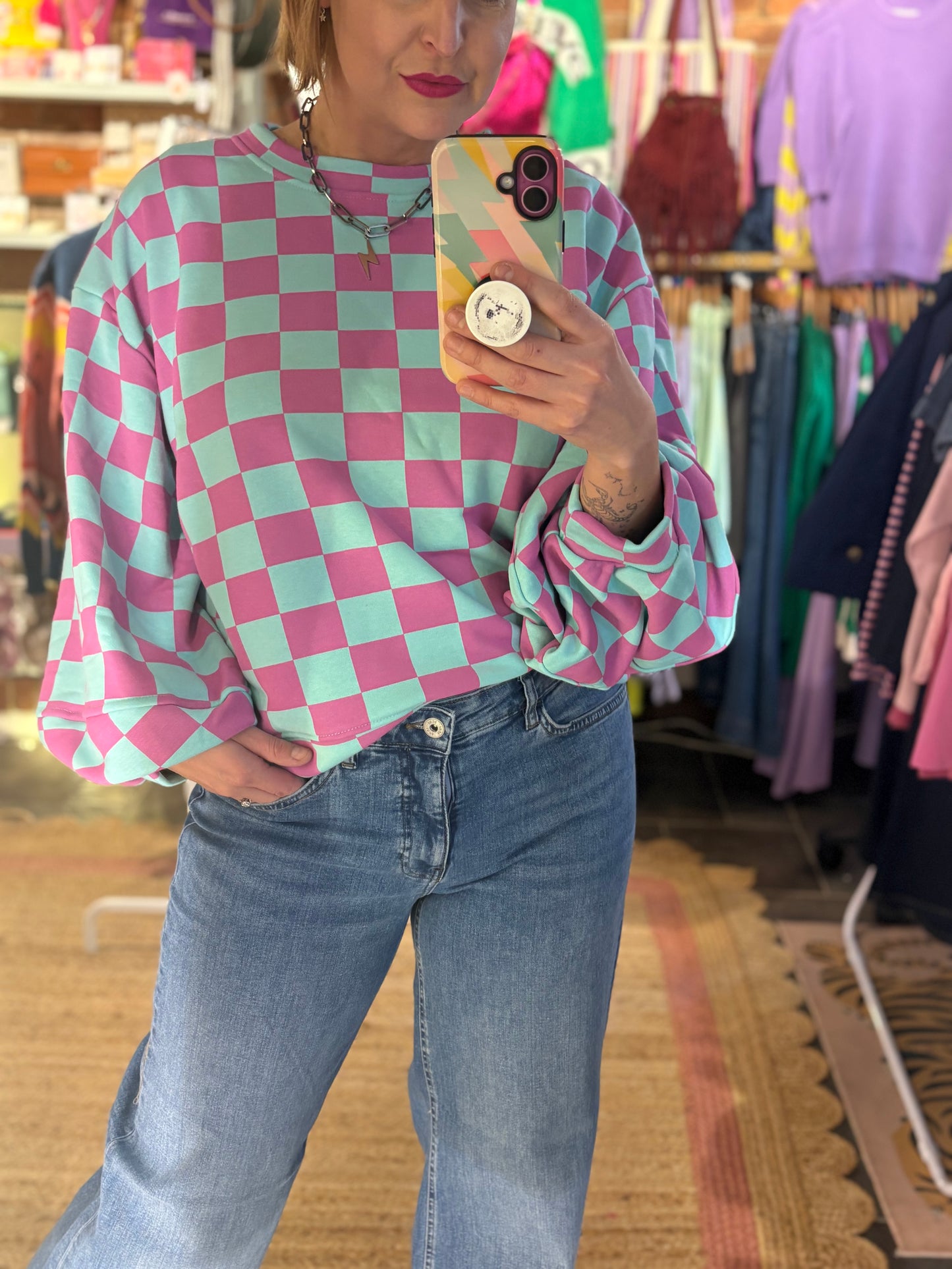 Checkerboard Balloon Sleeve Sweatshirt