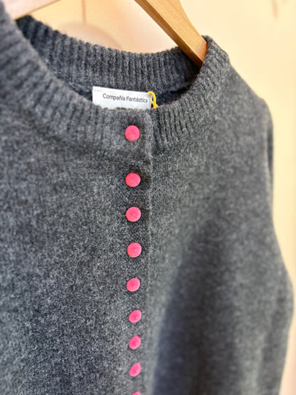 Charcoal Cardigan Pink Velvet Buttons