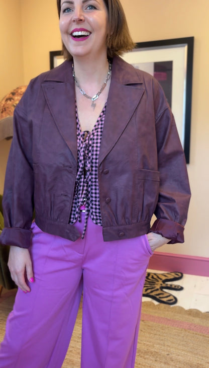 Burgundy Faux Leather Bomber Jacket