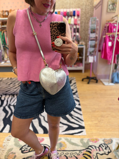 Metallic Silver Heart Leather Bag