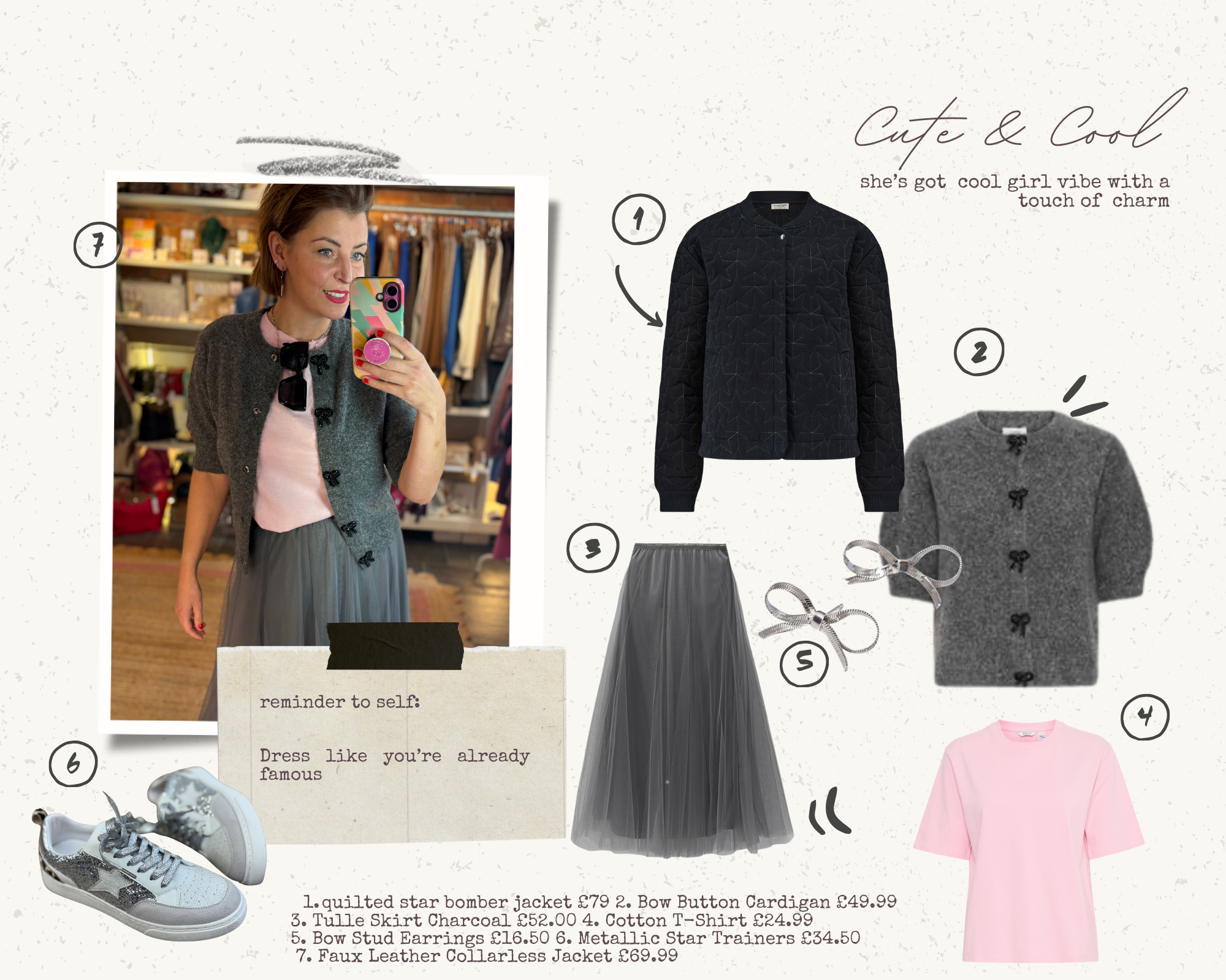 Fashion collage with a woman taking a mirror selfie, clothing items, and text overlay.