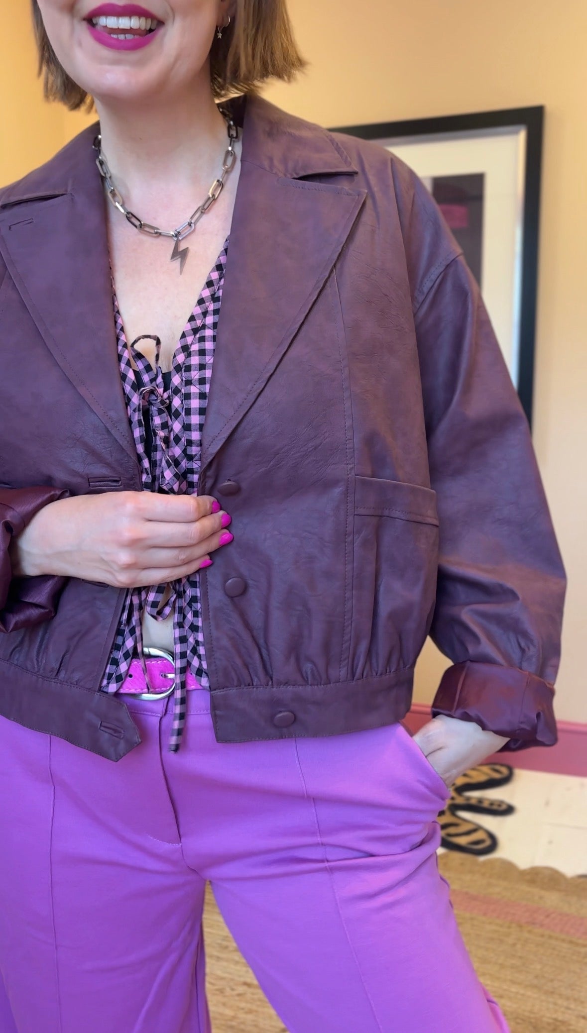 Burgundy Faux Leather Bomber Jacket