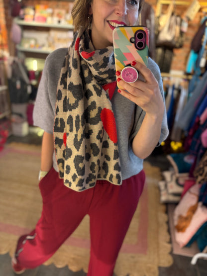 Beige Leopard Red Hearts Scarf