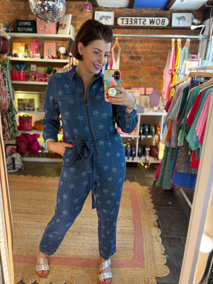 Denim Blue Boiler Suit with a faded white star print design all over