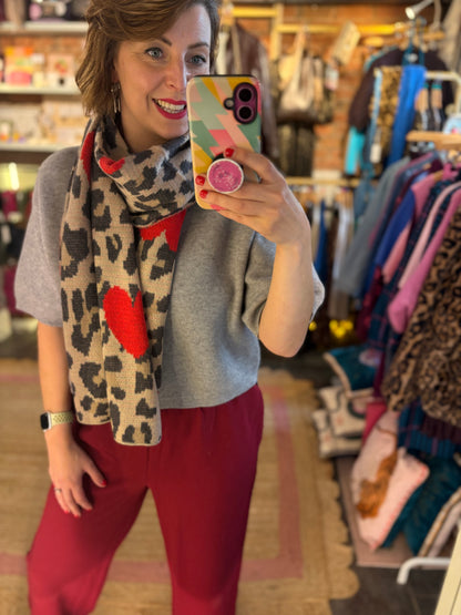 Beige Leopard Red Hearts Scarf