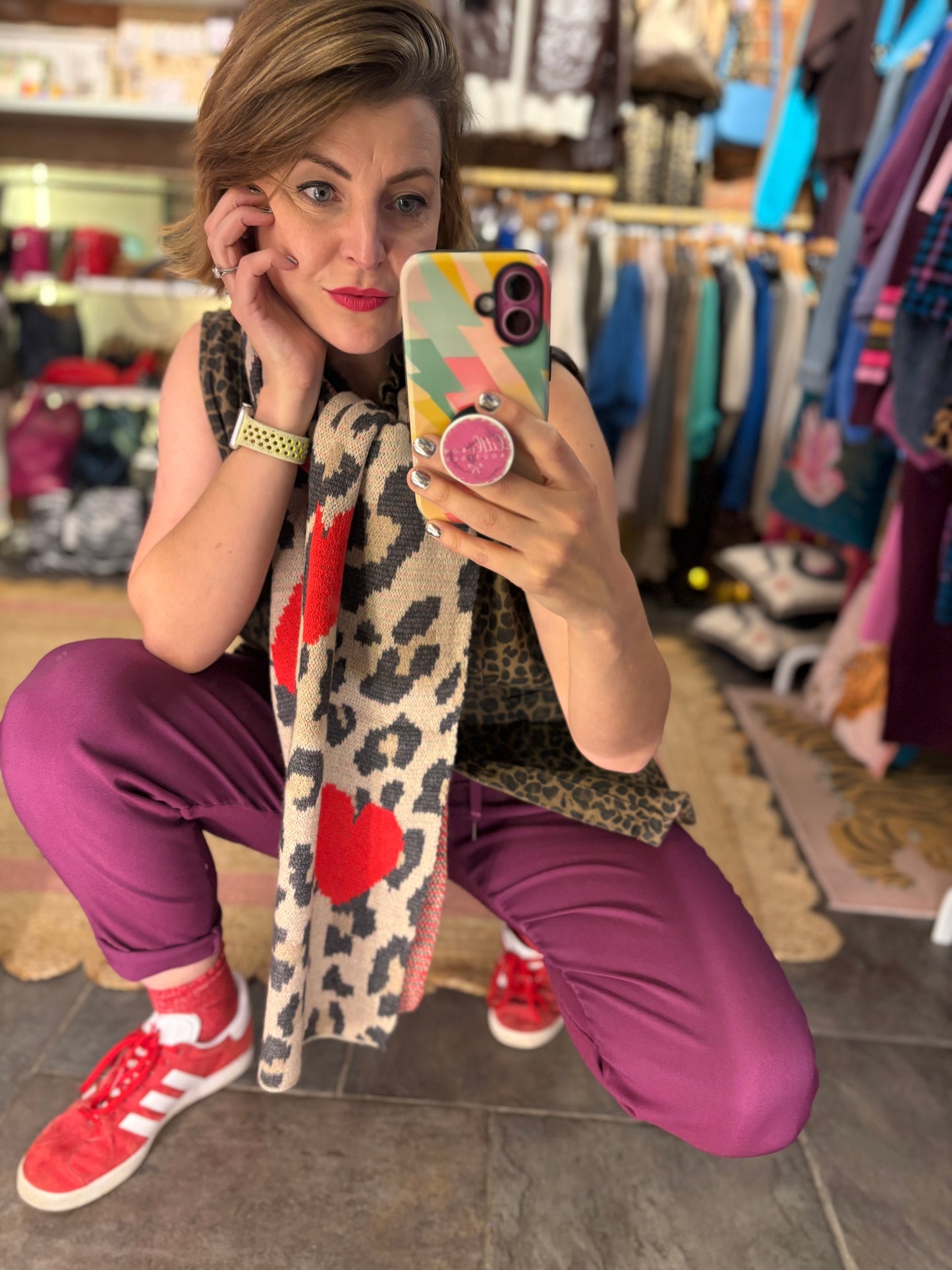 Beige Leopard Red Hearts Scarf