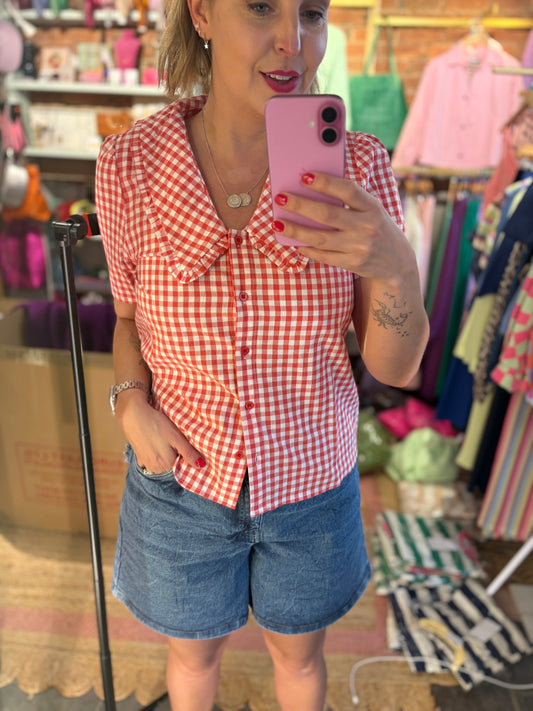 Statement Collar Gingham Blouse