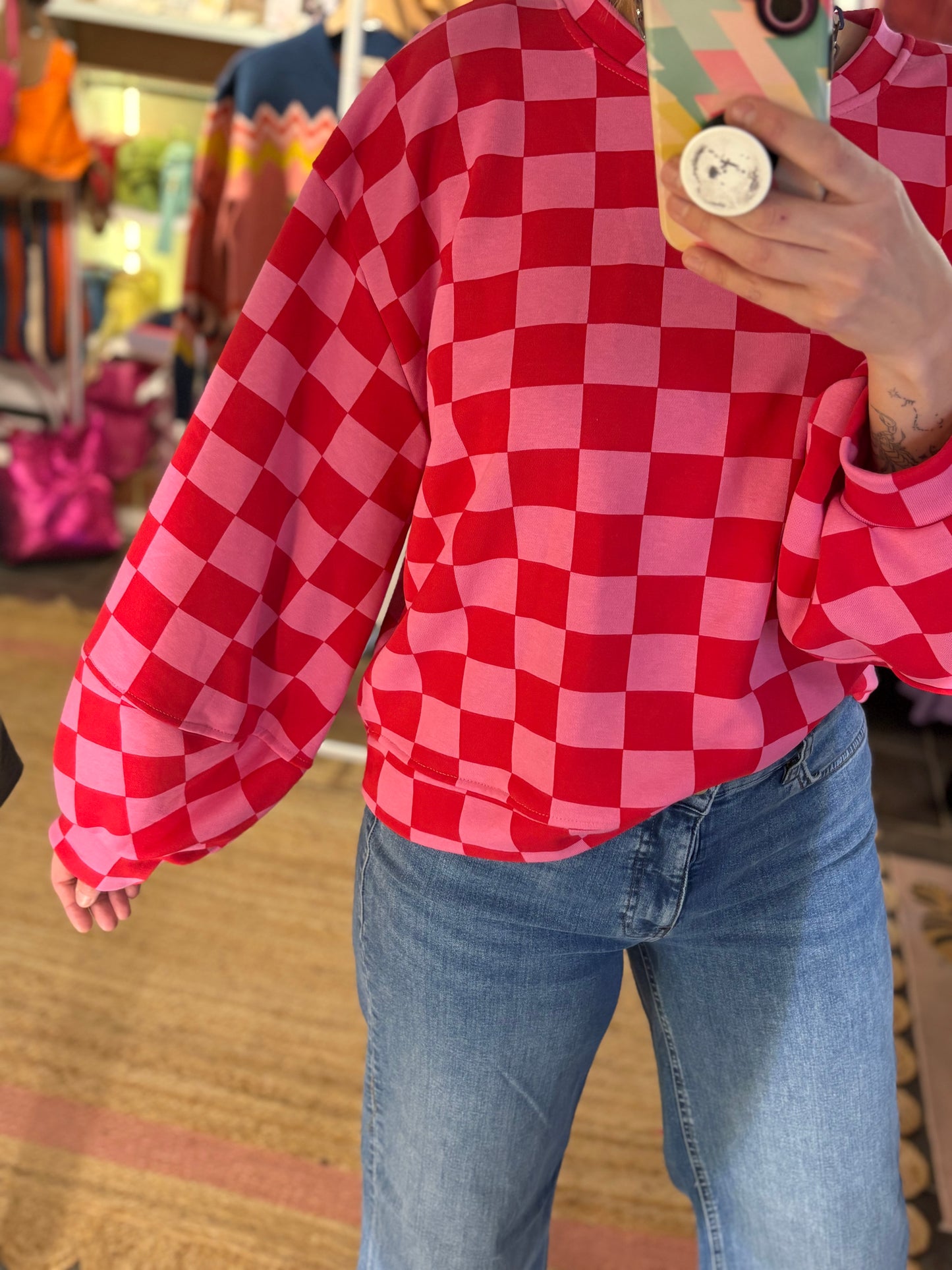 Checkerboard Balloon Sleeve Sweatshirt
