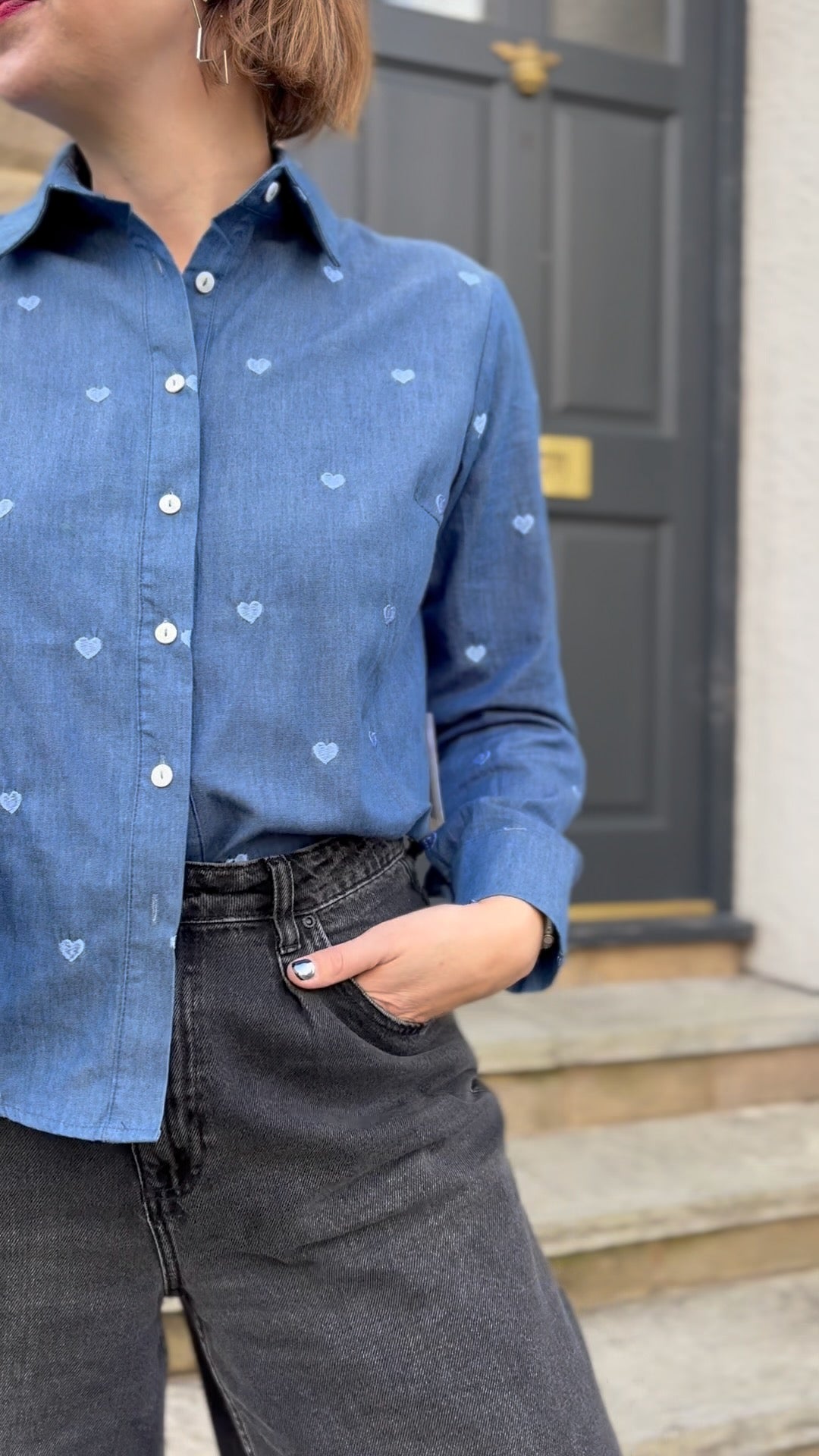 Denim Embroidered Hearts Shirt