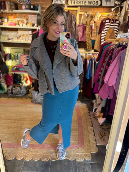 Teddy Fleece Short Biker Jacket | Grey