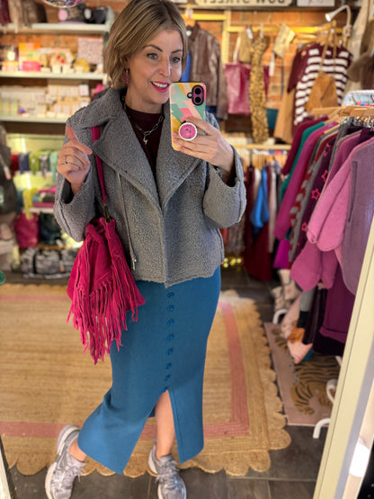 Teddy Fleece Short Biker Jacket | Grey