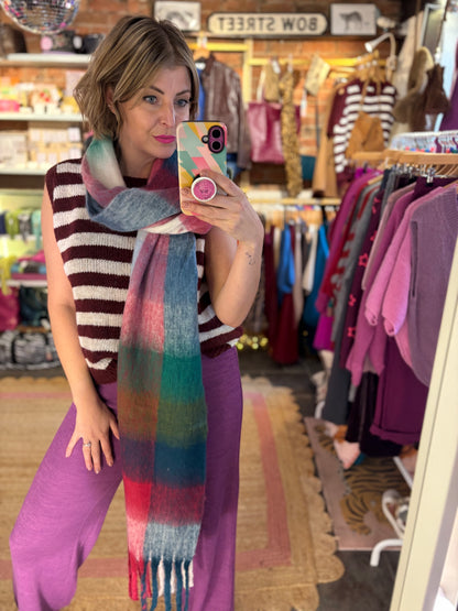 Checked Rupert Tassel Scarf - Berry & Teal