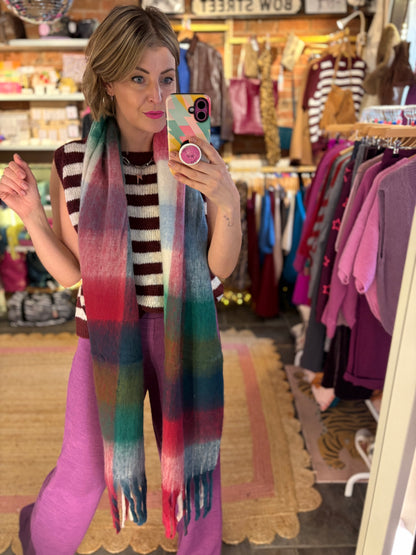 Checked Rupert Tassel Scarf - Berry & Teal