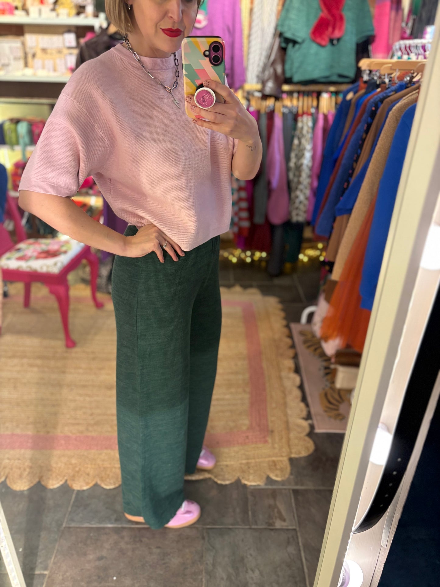 Ribbed Wide Leg Trousers | Forest Green