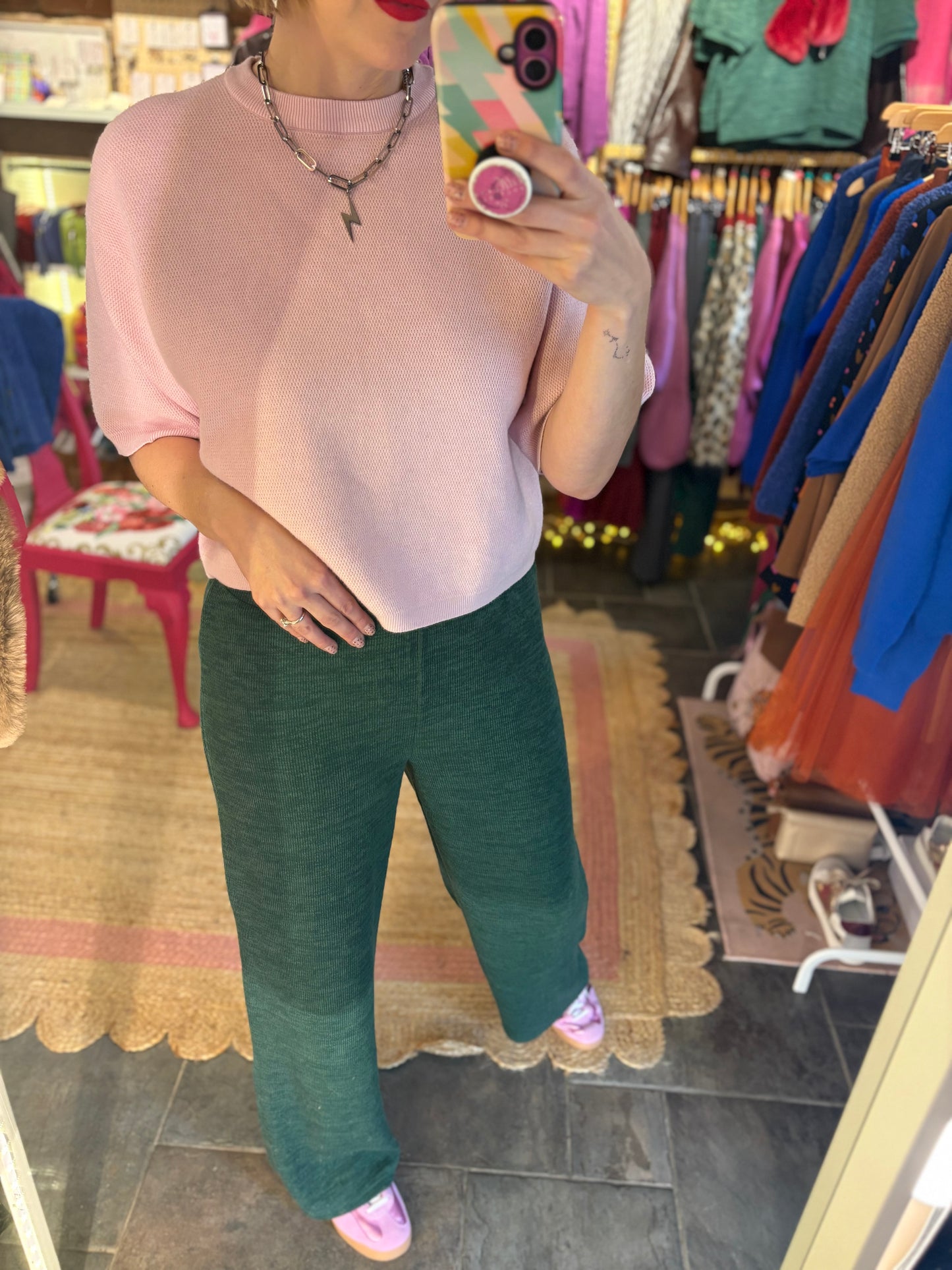 Ribbed Wide Leg Trousers | Forest Green