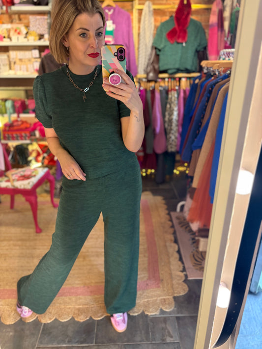 Ribbed Wide Leg Trousers | Forest Green