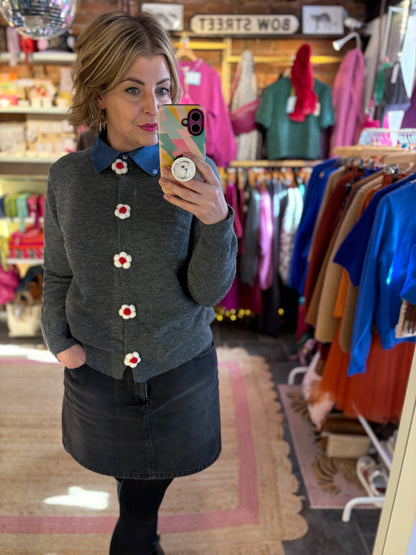 Grey Knit Flower Button Cardigan