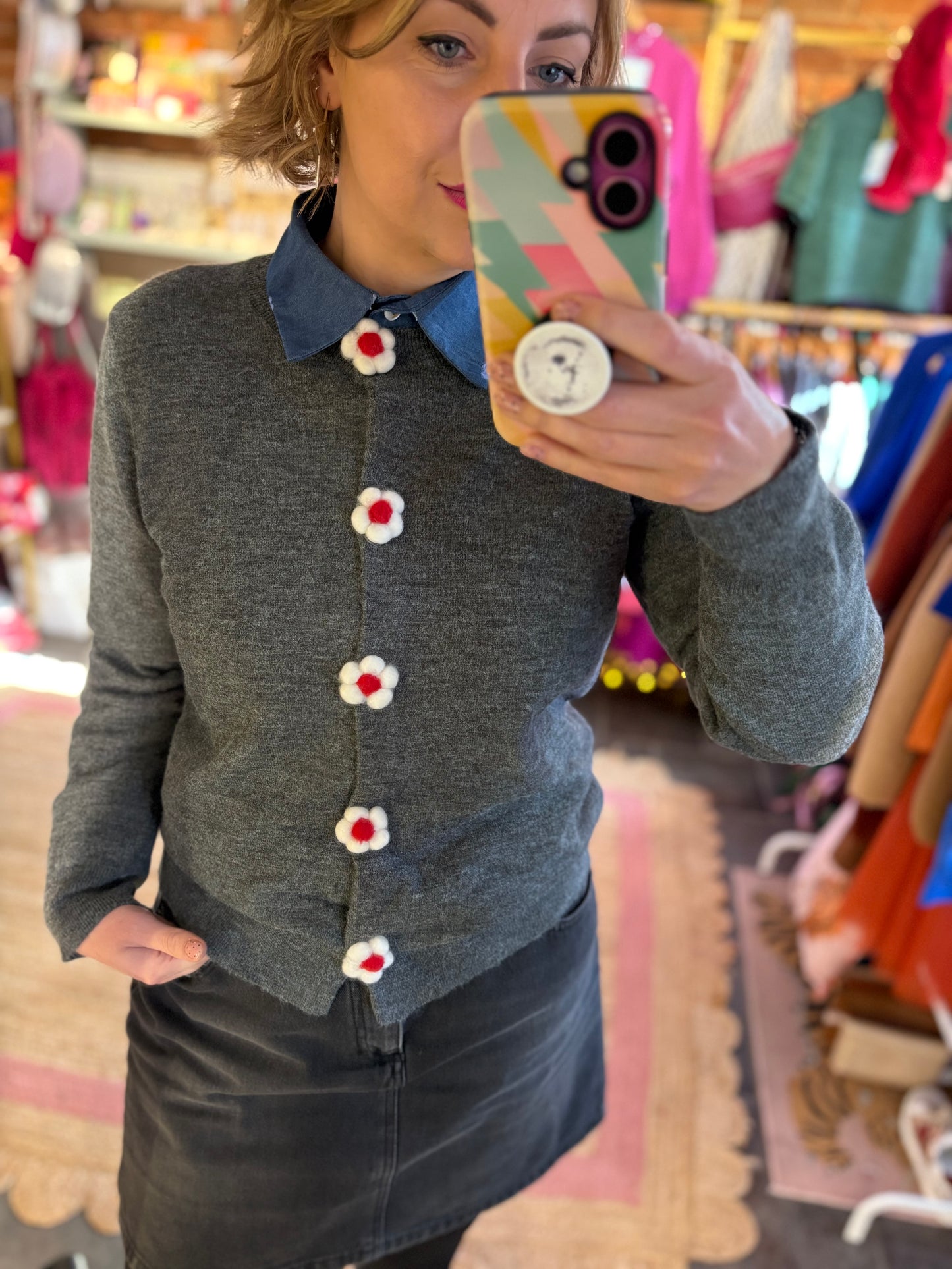 Grey Knit Flower Button Cardigan