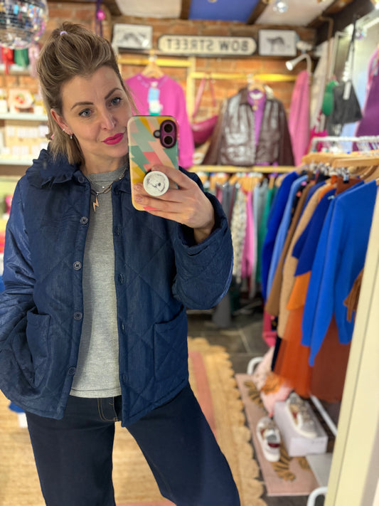 Frill Collar Denim Quilted Jacket