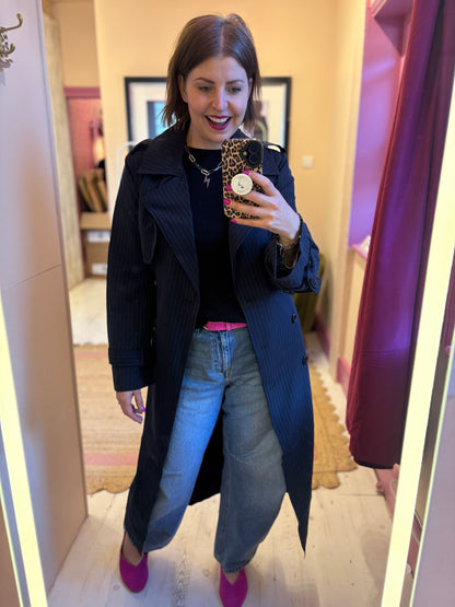 Long Pin Stripe Navy Trench Coat