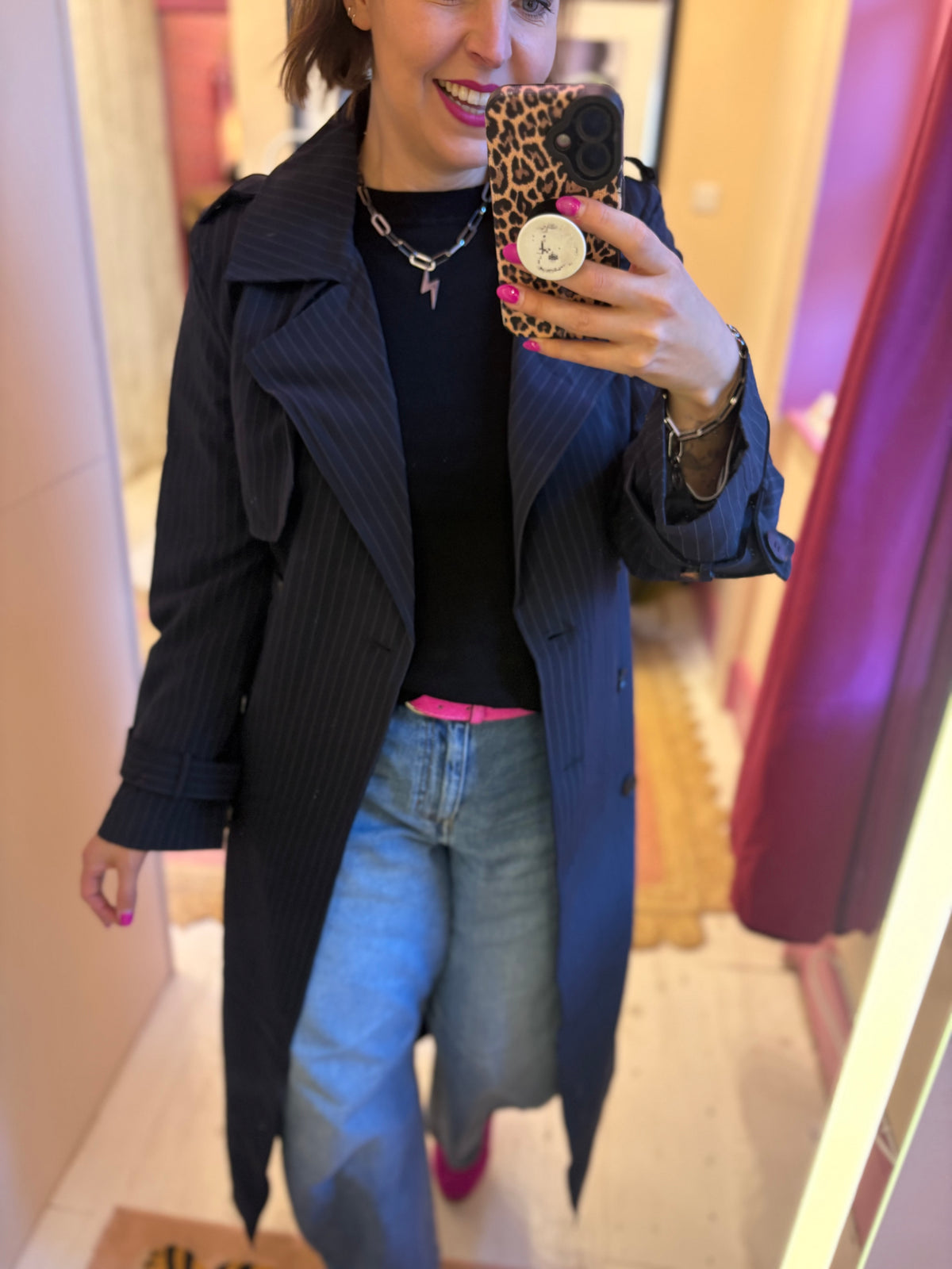 Long Pin Stripe Navy Trench Coat