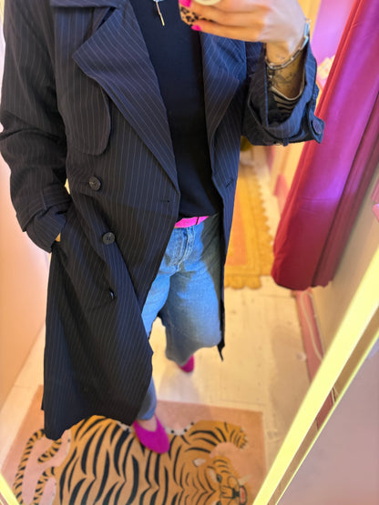 Long Pin Stripe Navy Trench Coat
