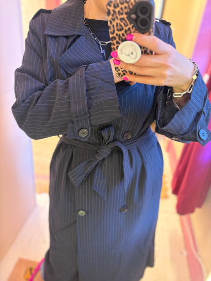 Long Pin Stripe Navy Trench Coat