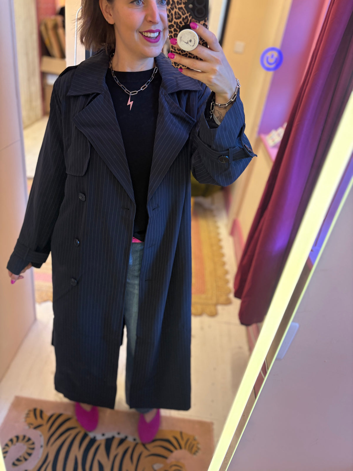 Long Pin Stripe Navy Trench Coat