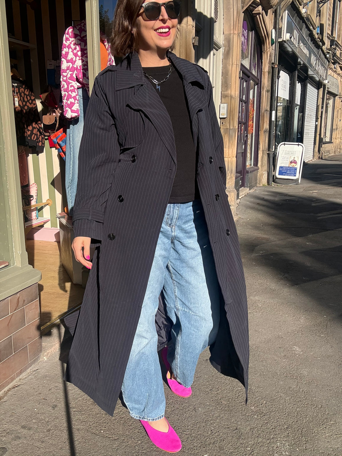Long Pin Stripe Navy Trench Coat