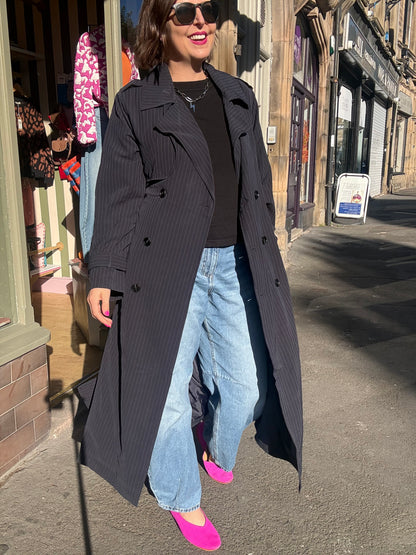 Long Pin Stripe Navy Trench Coat