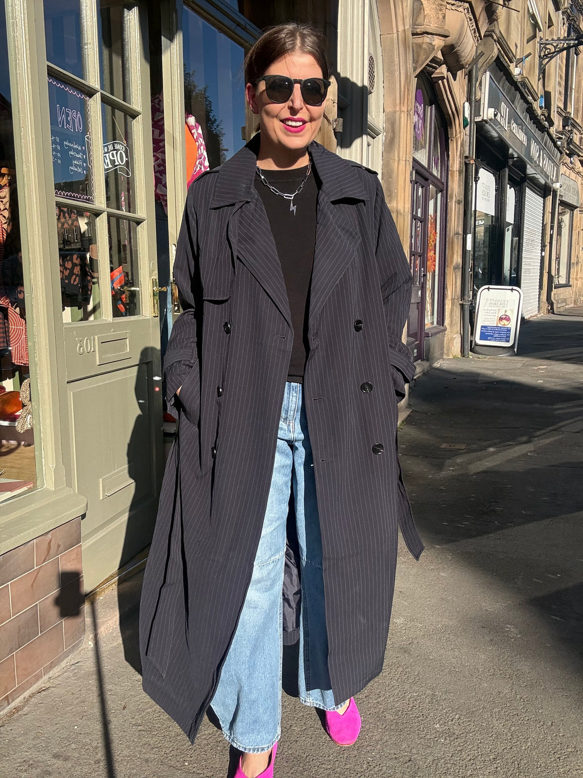 Long Pin Stripe Navy Trench Coat
