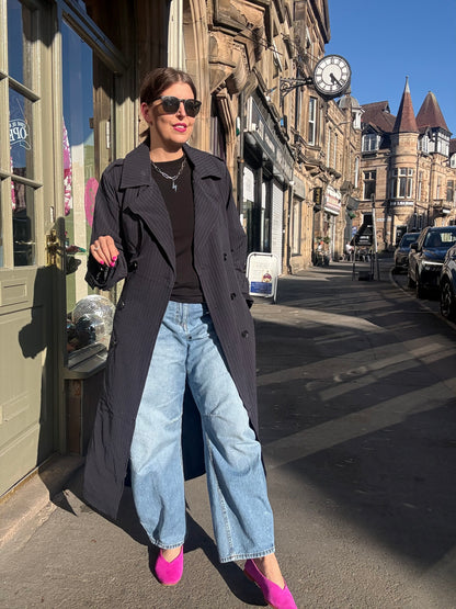 Long Pin Stripe Navy Trench Coat