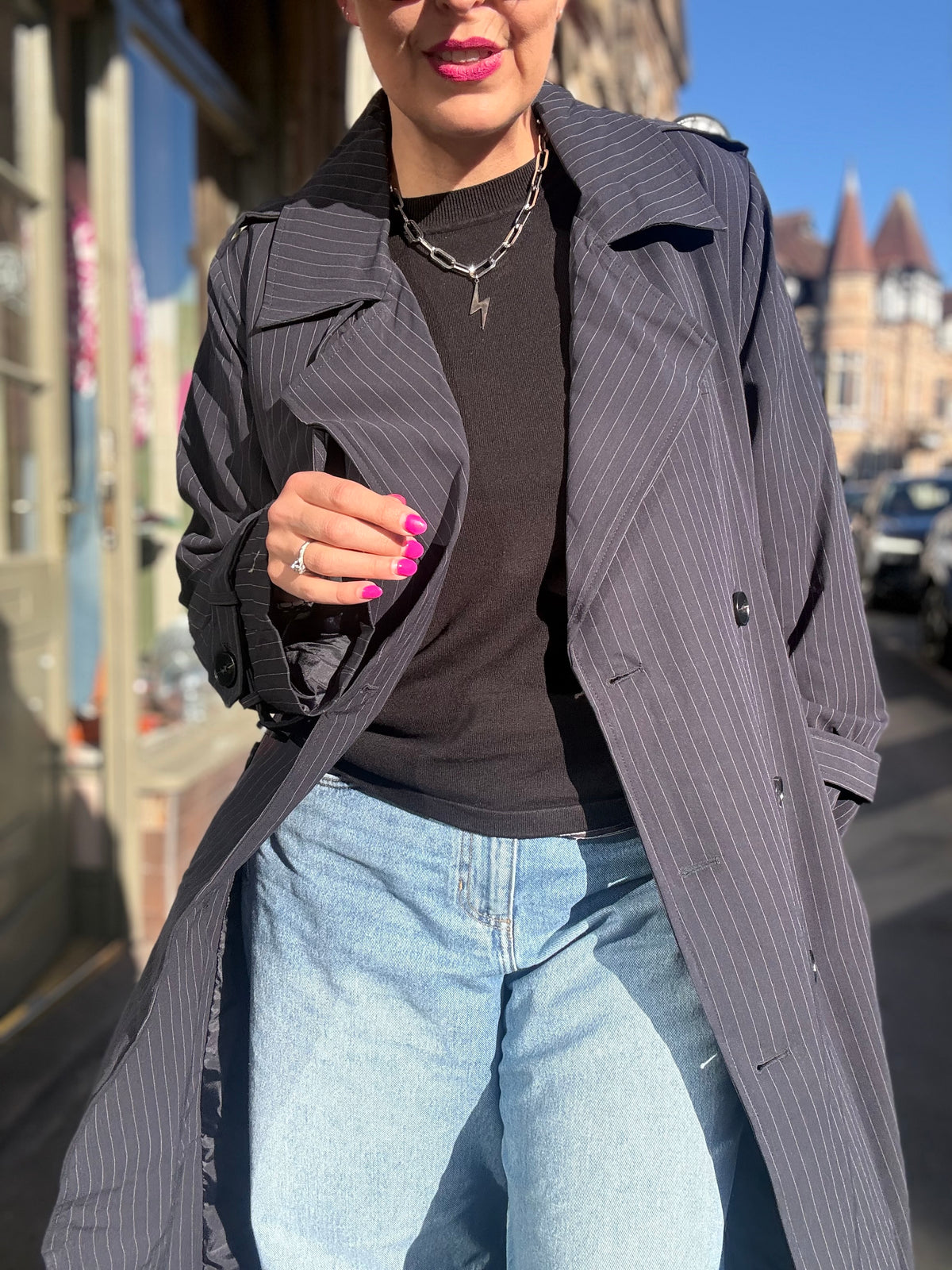 Long Pin Stripe Navy Trench Coat
