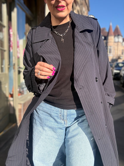 Long Pin Stripe Navy Trench Coat