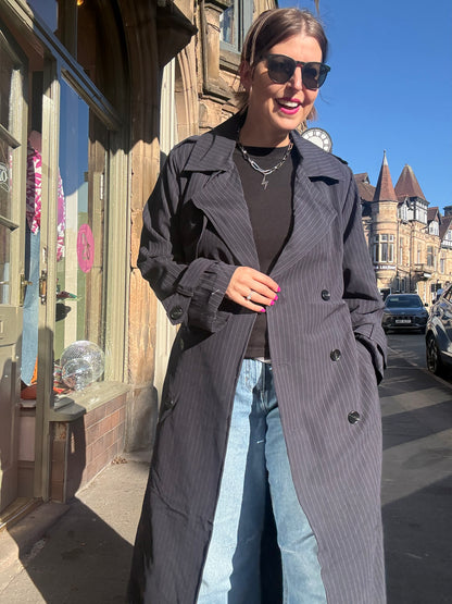 Long Pin Stripe Navy Trench Coat