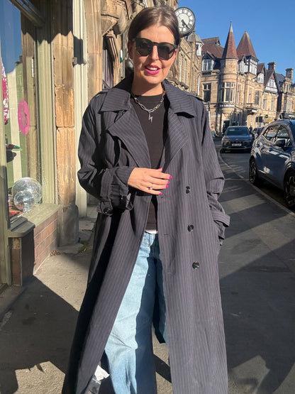 Long Pin Stripe Navy Trench Coat