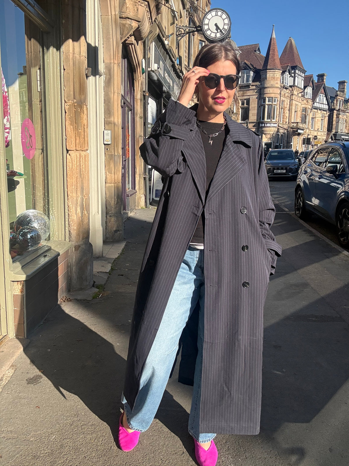 Long Pin Stripe Navy Trench Coat