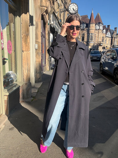 Long Pin Stripe Navy Trench Coat