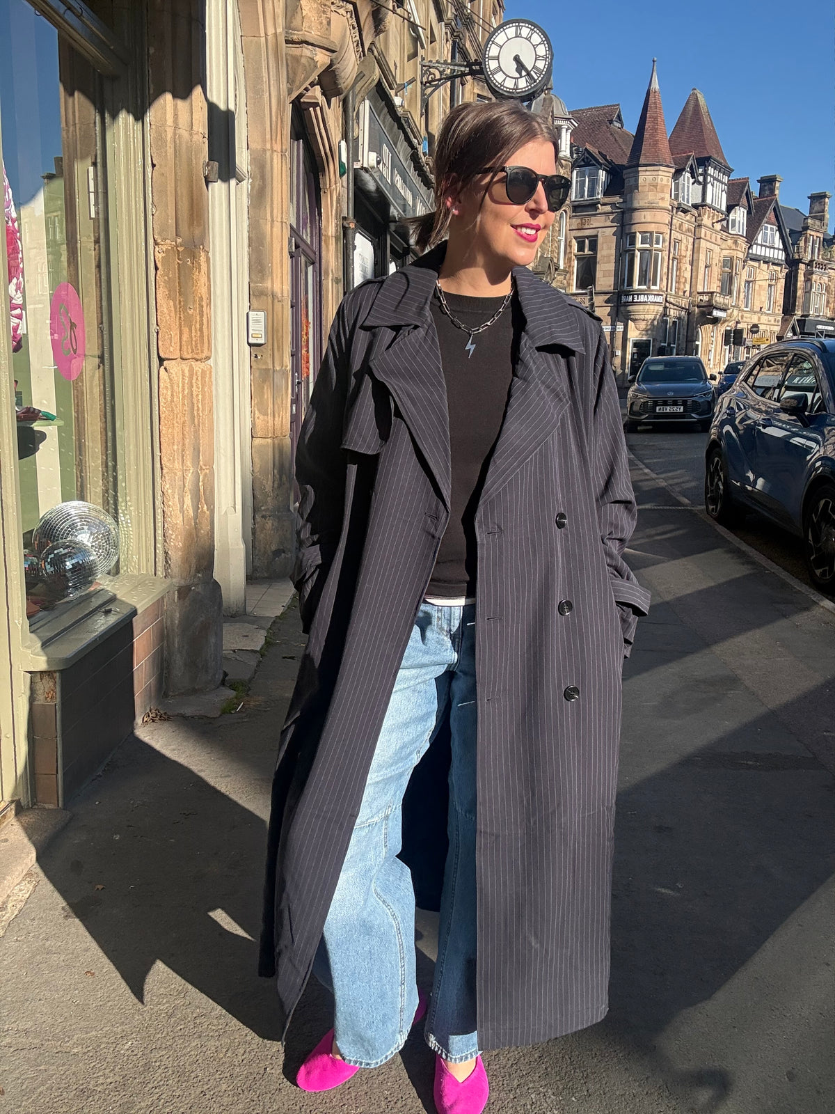 Long Pin Stripe Navy Trench Coat