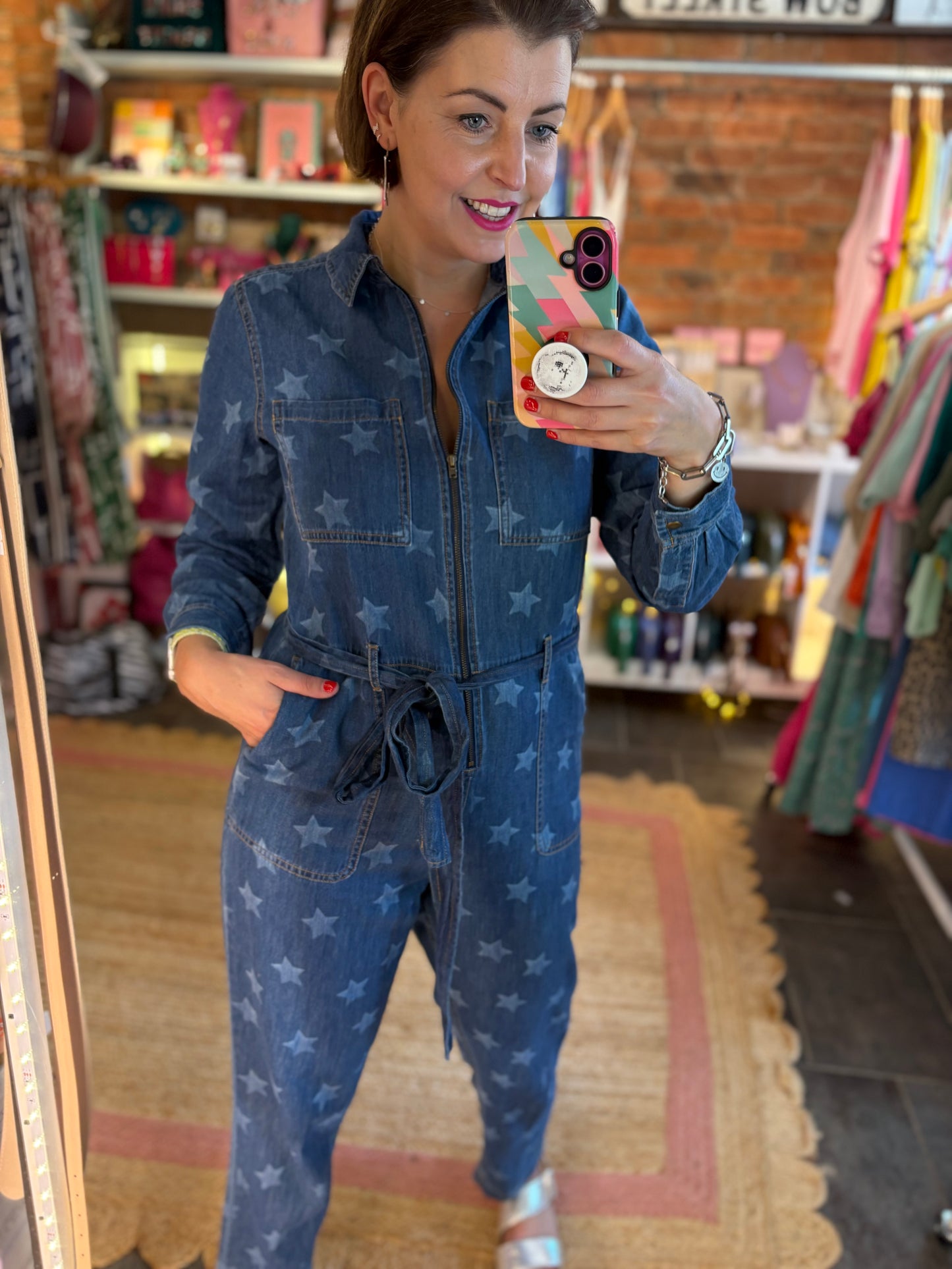 Star Print Denim Jumpsuit