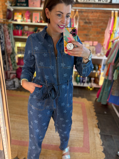 Star Print Denim Jumpsuit