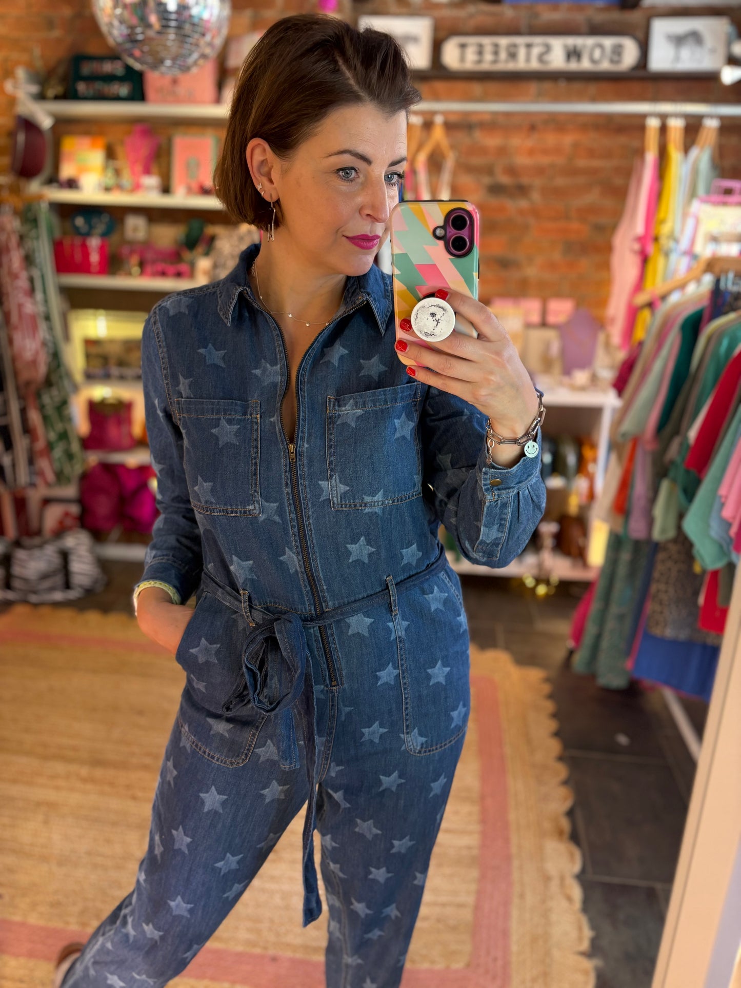 Star Print Denim Jumpsuit